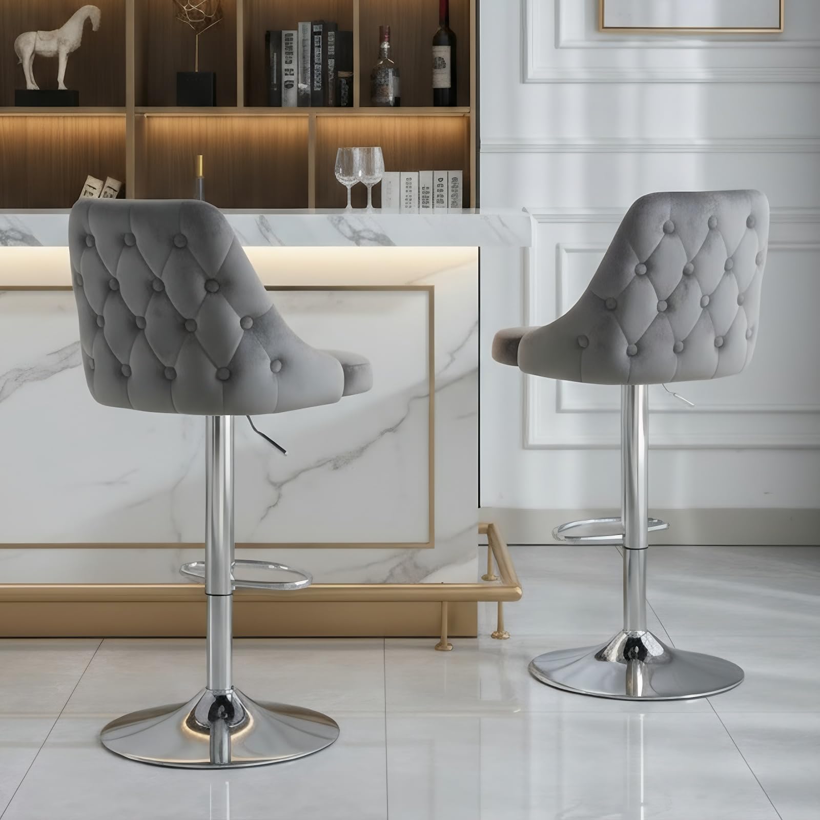 chairus Juego de 2 Taburetes Altos de Cocina Elegante Taburetes de Bar de Terciopelo, Sillas de Bar Giratorios con Altura Ajustable para Islas de Cocina/Barra, Gris