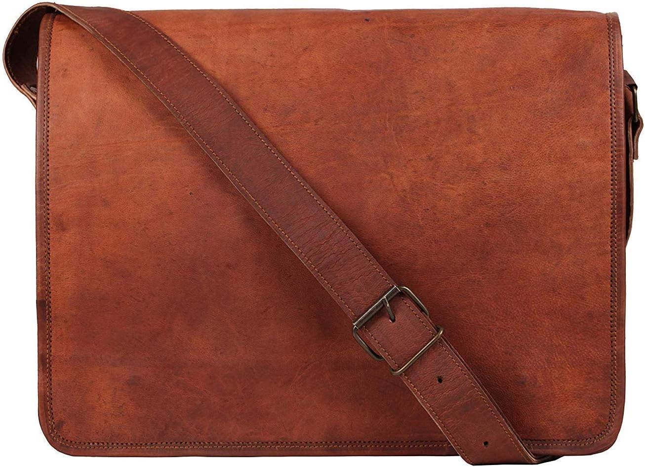 american blueLeather Crossbody Messenger Bag Gift Men Women Business Work Carry Laptop Computer Books Rugged & Distressed Office College School 15 Inch