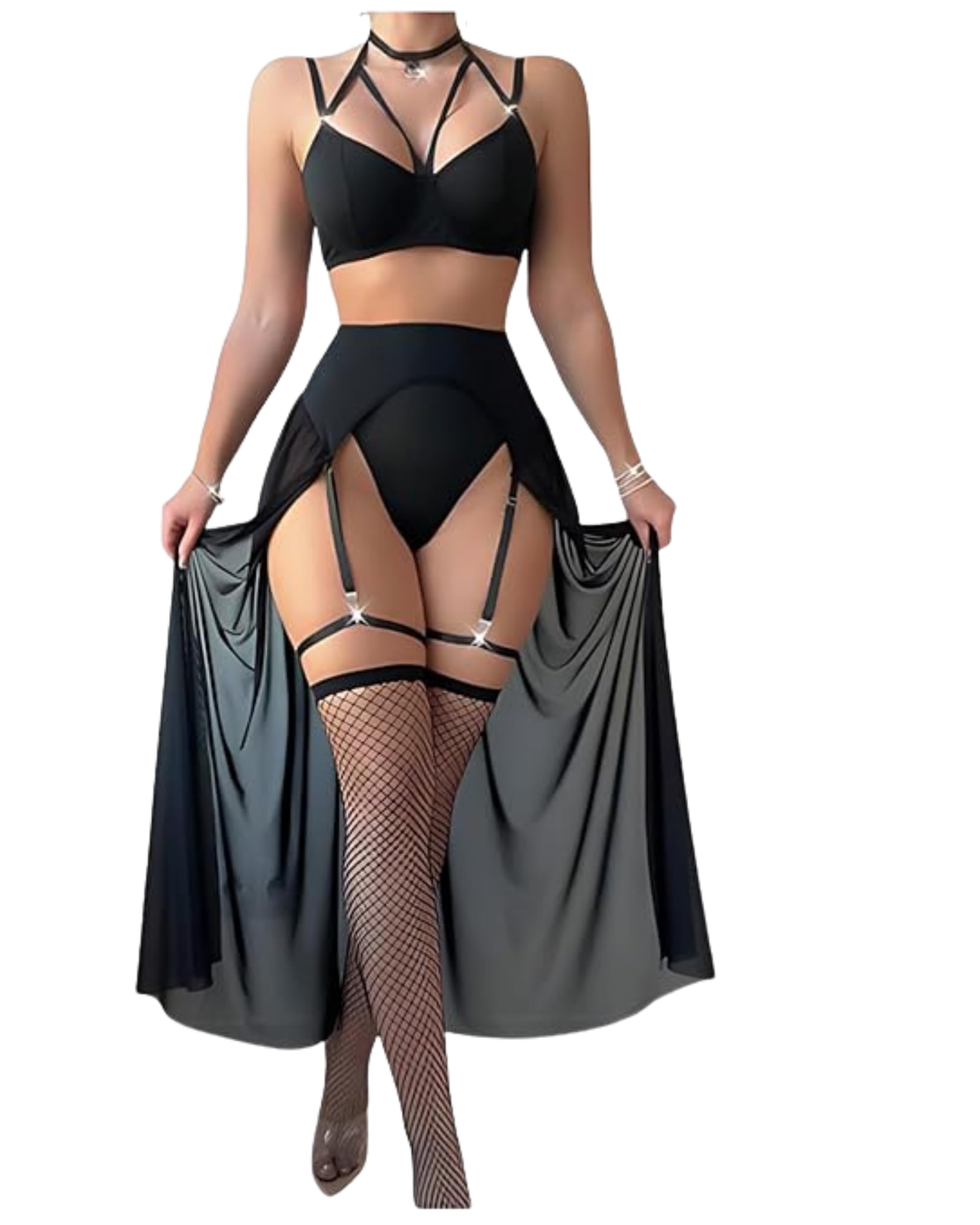 a.s. awesome sauce Women Black Garter Lingerie Set- Strappy Bra, High Waist Panty, Sheer Long Skirt with Adjustable Suspender Straps Fishnet Stockings Choker Detail Bold Elegant Bridal Honeymoon Romantic Nightwear-picture-51