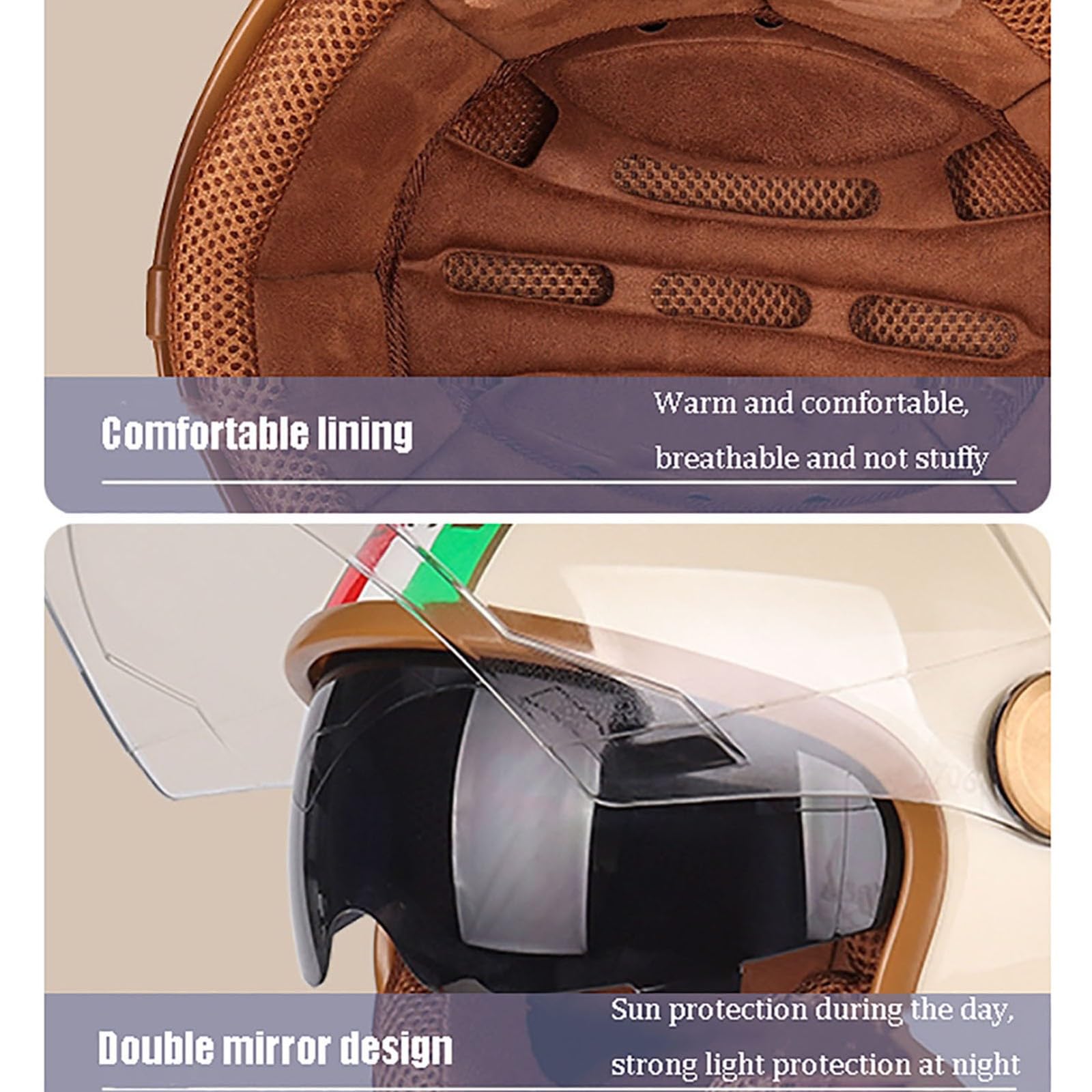Casco de Motocicleta de Media Cara, Casco de Motocicleta con Visera, Gafas de Doble Capa, Forro cómodo, Orejeras, Casco con certificación ECE/Dot, Casco de Motocicleta Scooter