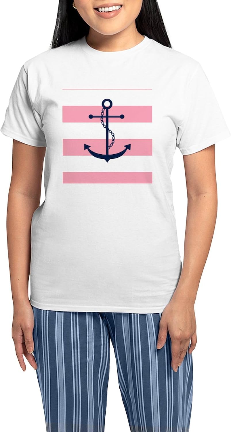 CafePress Blue Anchor on Pink Stripes Women's Light Pajamas Women's Novelty Cotton Pajama Set, Comfortable PJ Sleepwear