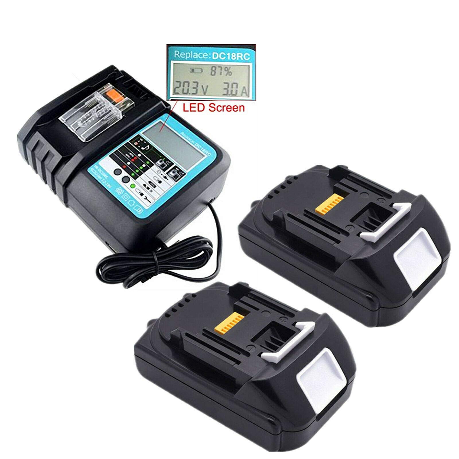 2 baterías de repuesto para Makita BL1815 BL1815N Li-Ion 1,5 Ah 18 V con cargador rápido LED USB DC18RC BMR100 BL1830 BL1840 BL1850 194205-3