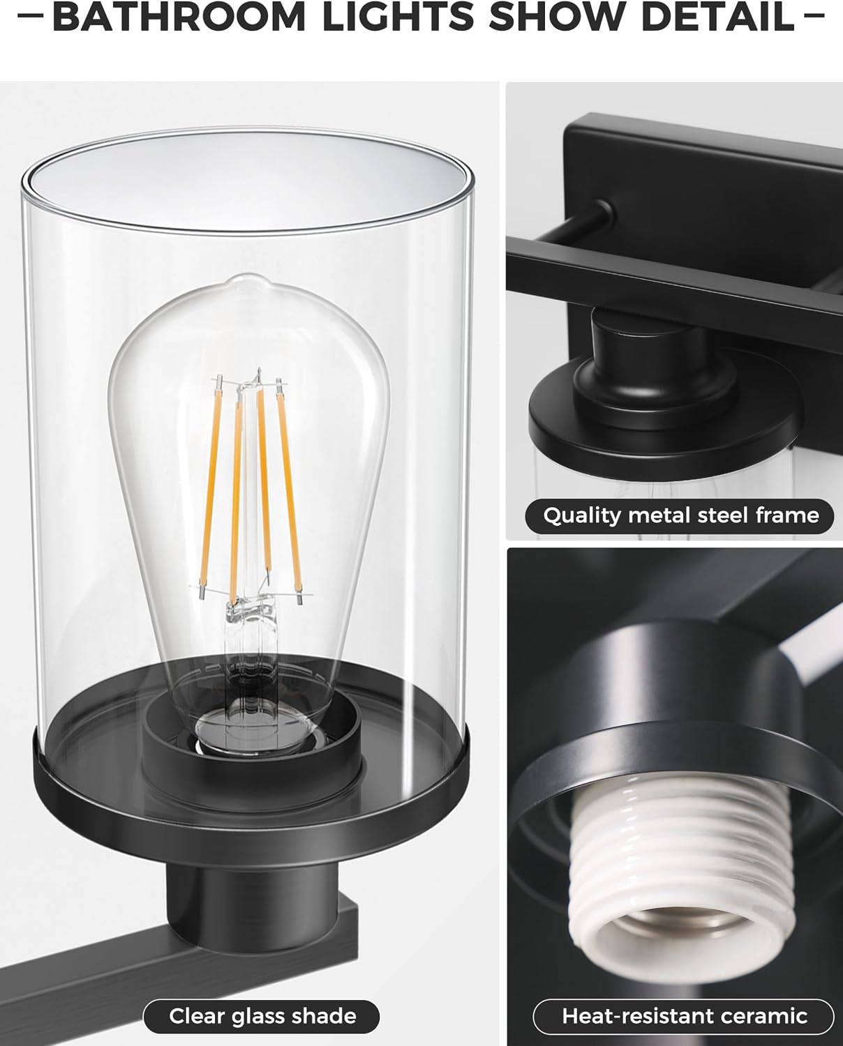 L LOHAS LED 3-Light Black Bathroom Light Fixtures,Modern Bathroom Lighting Fixtures Over Mirror with Clear Glass Shade, Vanity Lights for Living Room, ETL Listed