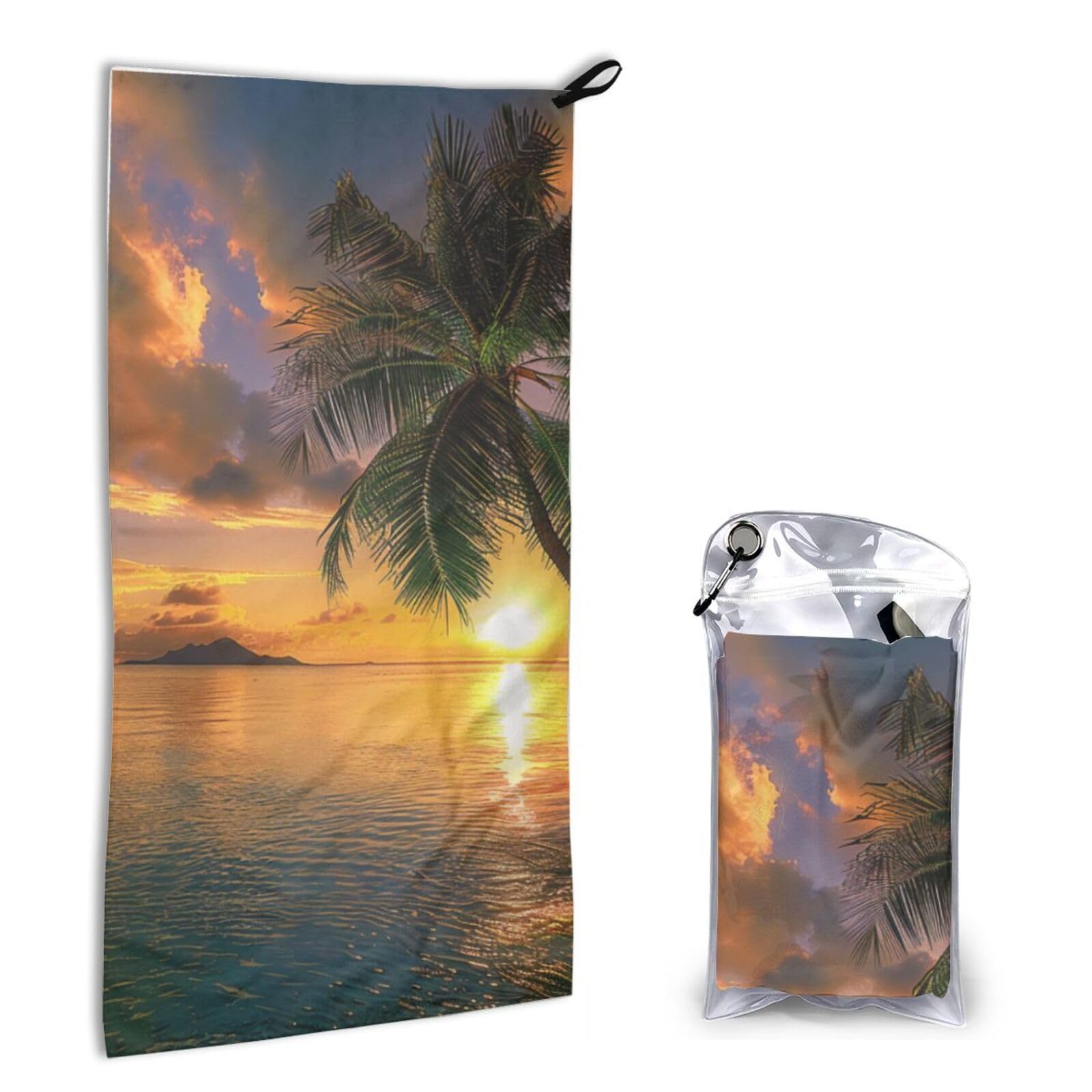 BWWHCCTI Quick Dry Hand Towel With Bag - Tropical Hawaii Palm Tree Sea Sunset Printed Super Absorbent Face Cloth Microfiber Travel Sports Towels 40x80cm