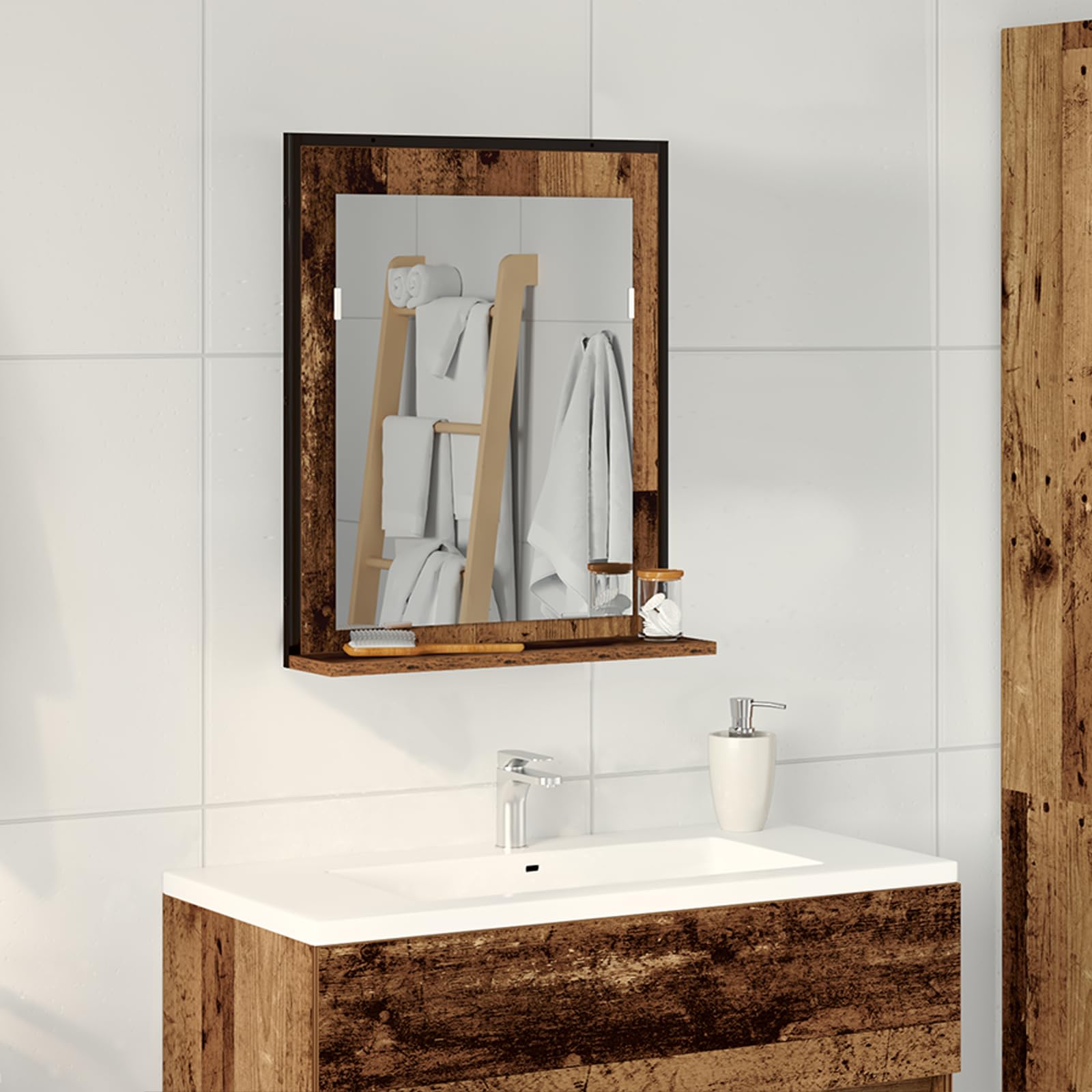 Miroir salle de bain bois vieilli gain de place armoire murale rangement rustique 50cm