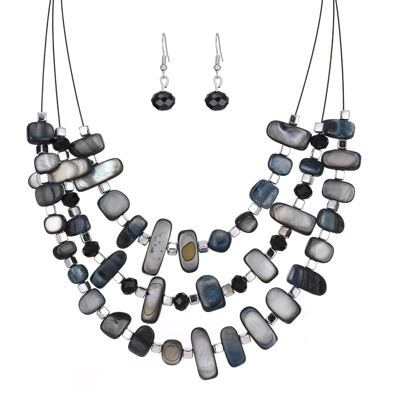 3 Layered Chunky Statement Necklace for Women Beaded Strand Necklaces with Earring Fashion Costumes Collar Necklace Jewelry Sets Gifts for Women