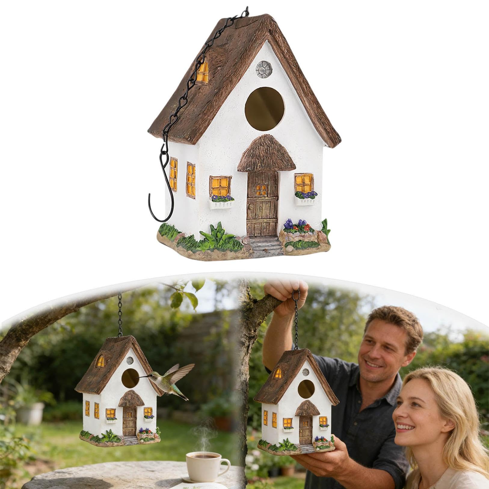 Casetta per uccelli, resistente alle intemperie, stile rustico, ornamento da giardino per esterni, da appendere, impermeabile, in resina, ottimo regalo per gli amanti degli uccelli (bianco)
