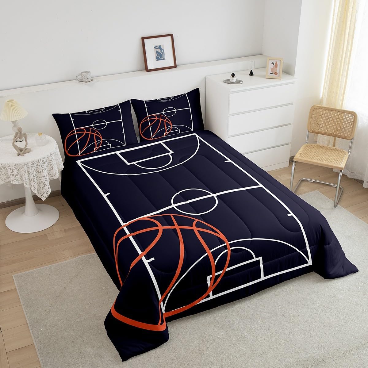 Erosebridal Basketball Comforter Set Full Size Kids Basketball Bedding Set for Boys Girls Teens,Gaming Sports Down Comforter Dark Blue Basketball Court Quilt Bed Set Room Decor with 2 Pillowcases