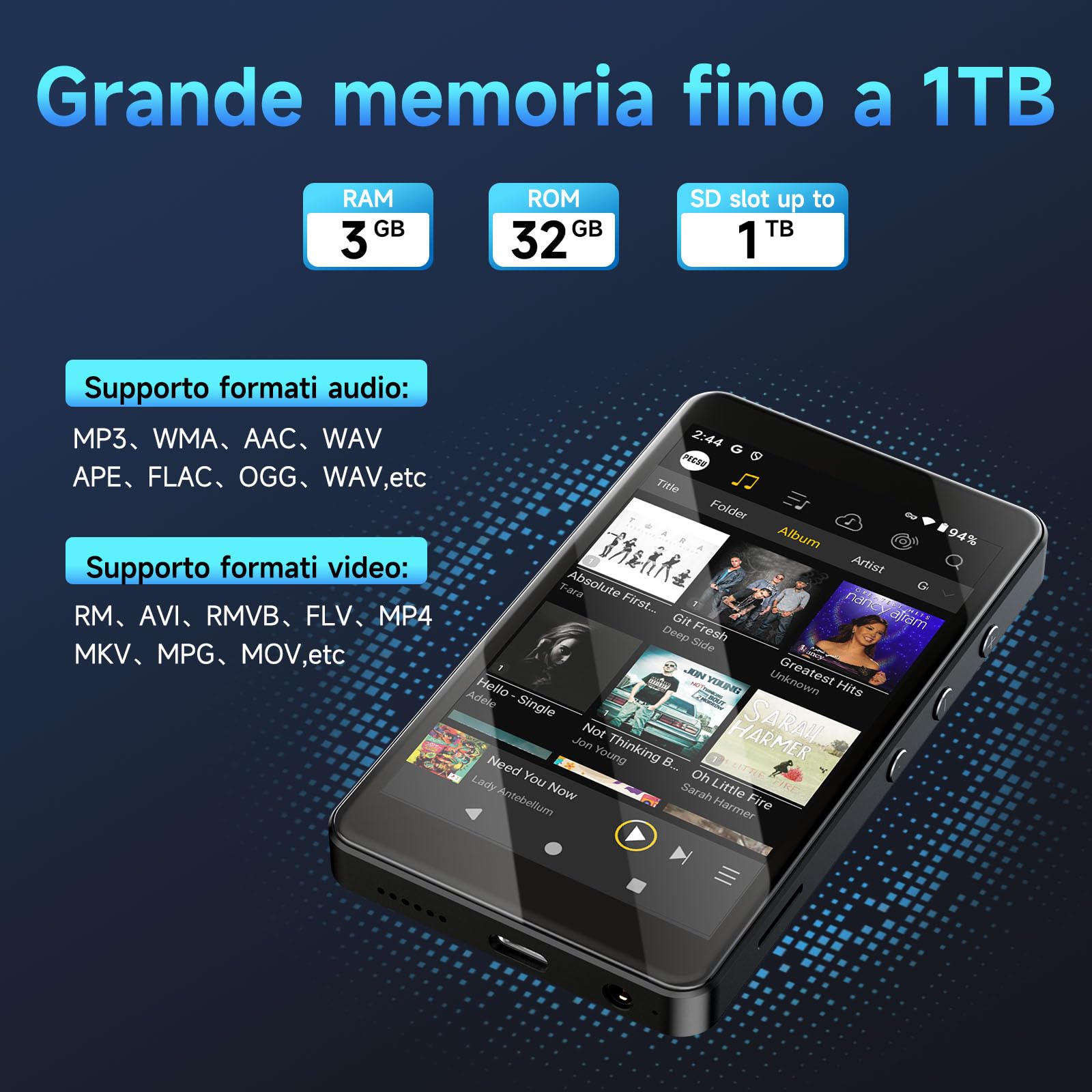 Lettore MP3 Android 14 con Spotify, Play Store, Amazon Music, Audible, Libby, lettore musicale MP4 con touch screen da 4" per bambini con controllo parentale, modalità Eye-Care (Nero lucido)
