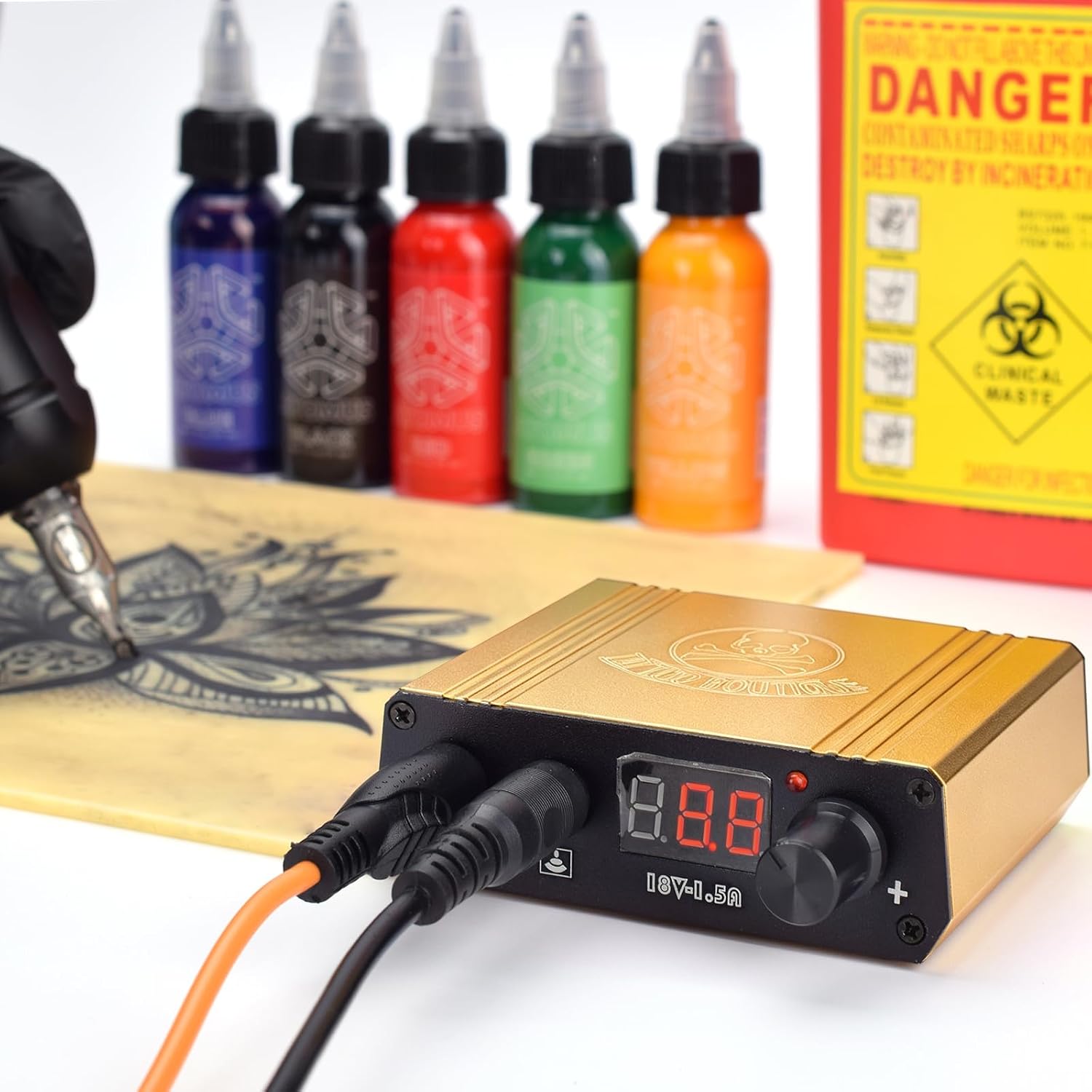 ATOMUS Tattoo Power Supply Kit with Foot Pedal, RCA Clip Cord & Regular Clip Cord – Mini LCD Digital Power Supply for Rotary & Coil Tattoo Machines