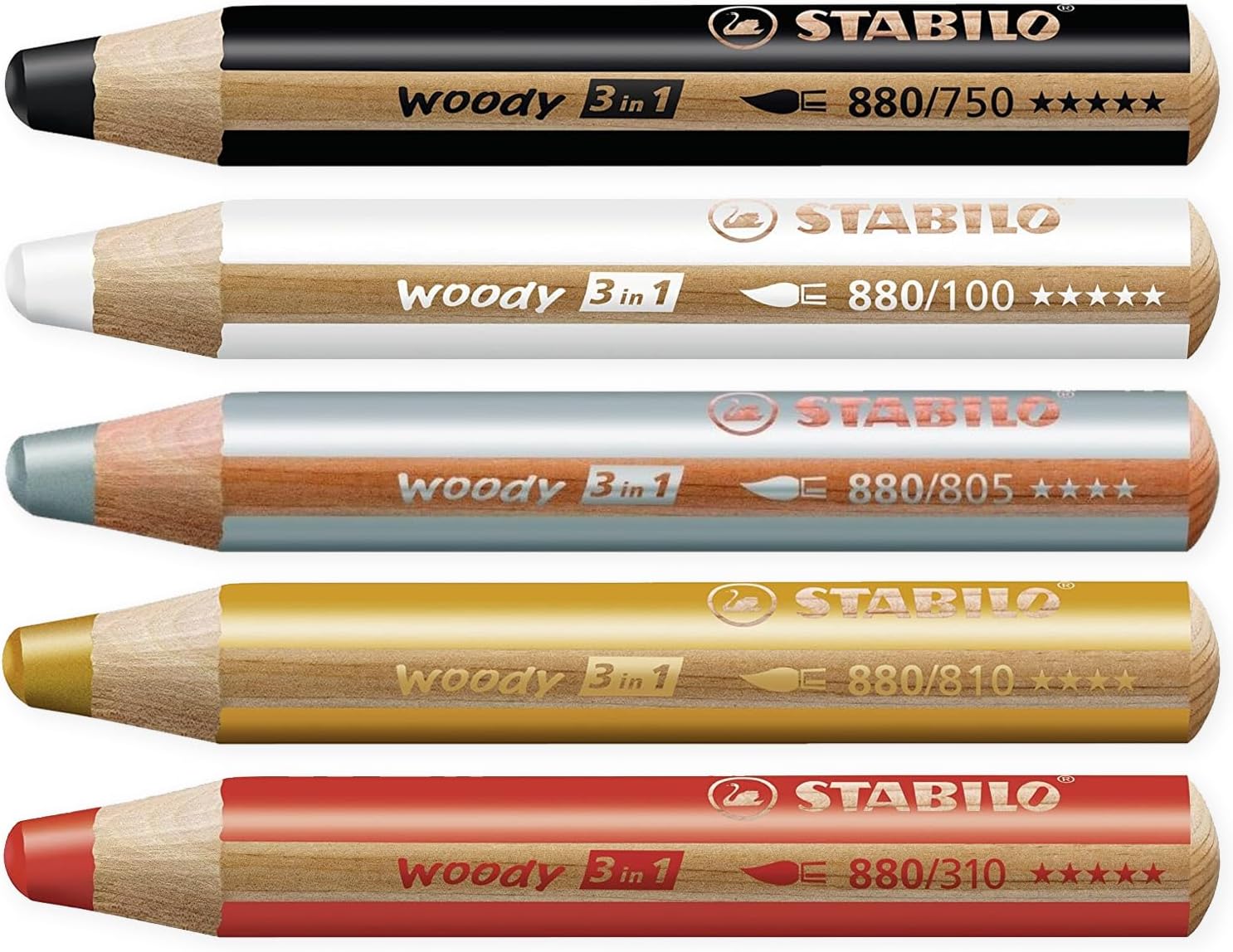 STABILO Multi-talented Pencil woody 3-in-1 - Basic Box of 5 - Silver, Gold, White, Black, Red + Sharpener