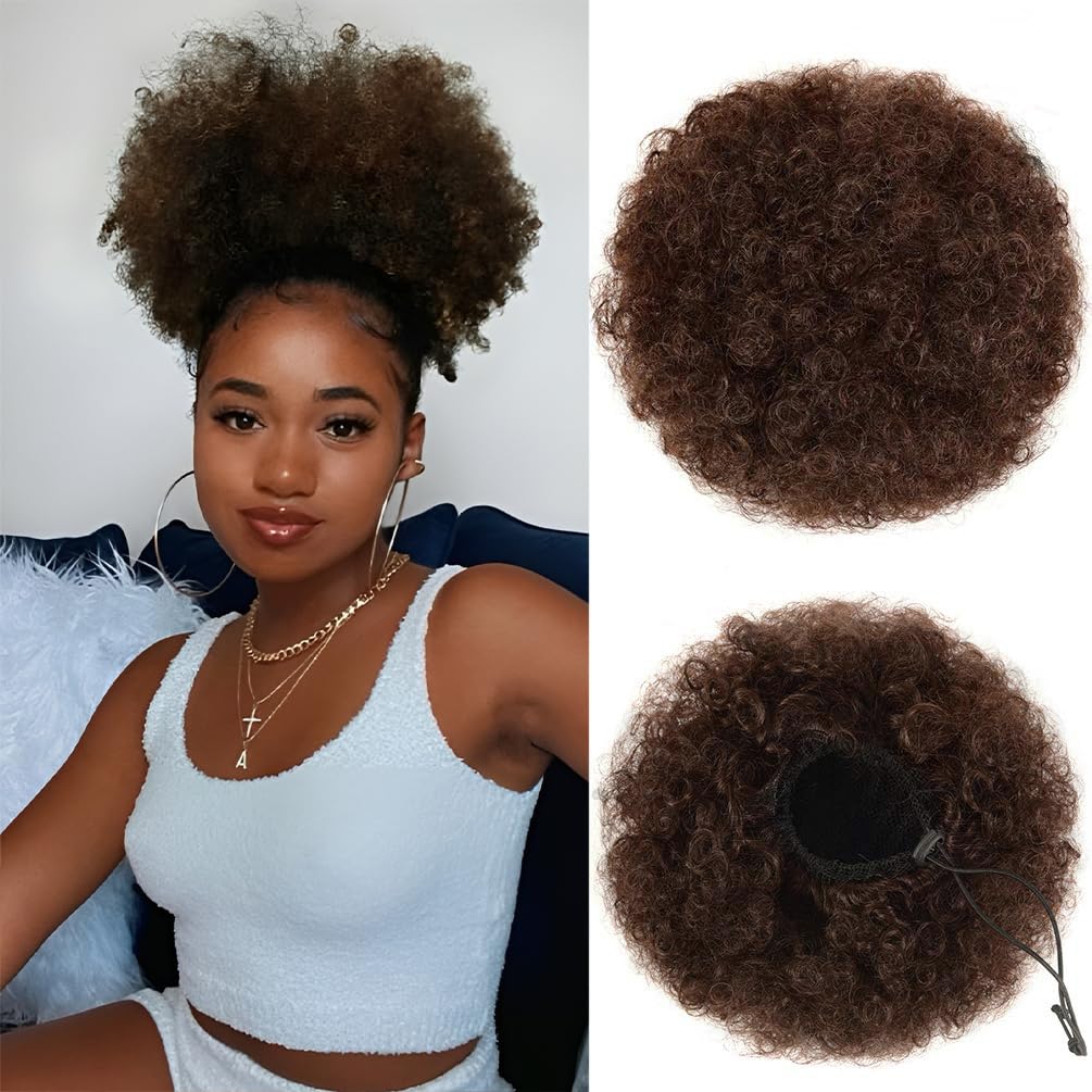 Doxken Afro Puff Drawstring Ponytail Extension Short Afro Wigs Curly Bun Hair Pieces For Women Clip On Kinky Curly Synthetic Hairpieces Medium Brown 4