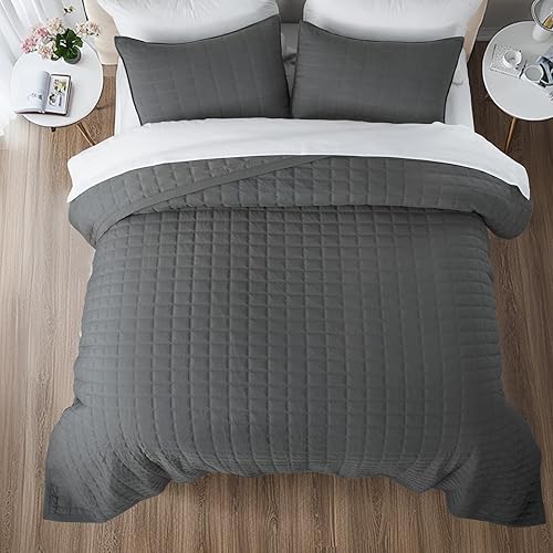 Miniatura 6 de KASENTEX - Juego de edredón lavable a máquina, cubrecama muy suave, ligero, lavado a la piedra, con costuras detalladas, unicolor, king extragrande
