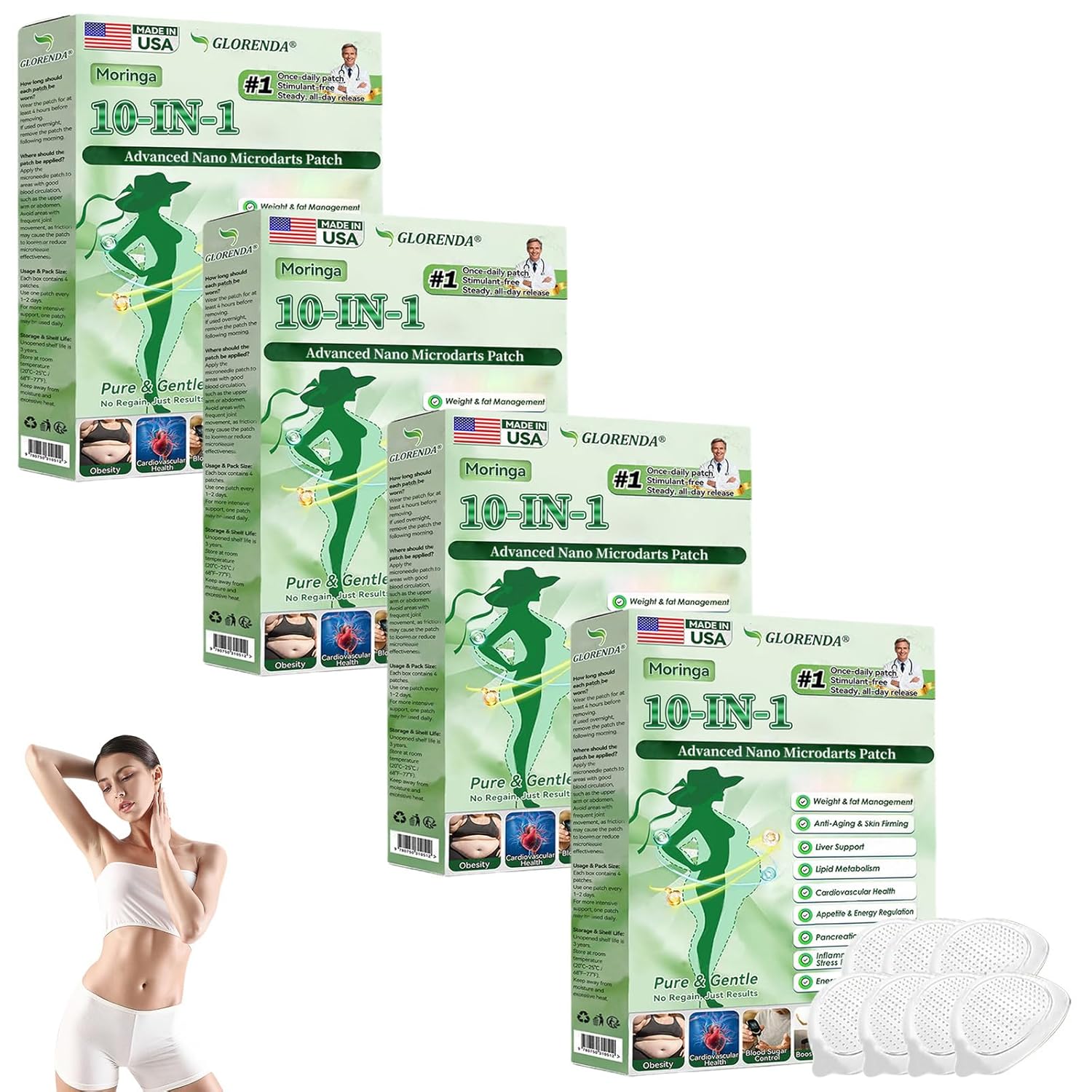 GLORENDA Moringa 10-in-1 Nano Microdarts Patch, 2026 New Professional Moringa Patch, Natural Patches for Women and Men, Suitable for All Skin Types (4 Pack)