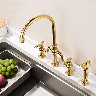 XJTNLB Grifo de Cocina con Rociador Extraíble Grifos Cocina Fregadero Doble Mango Grifo Vintage Laton de Puente,Dorado