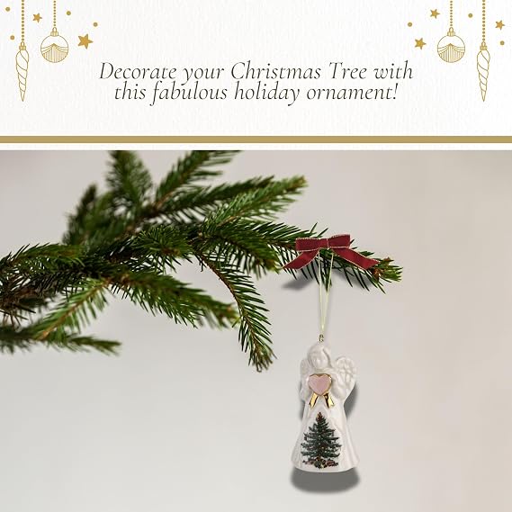 Spode Christmas Tree Angel Ornament, Festive Holiday Bauble for Christmas Tree, Earthenware Hanging Decoration with Red Ribbon for Easy Hanging, Decorative Accent & Keepsake Gift