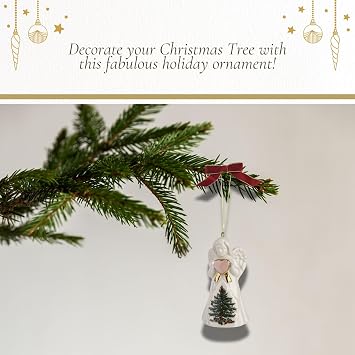 Spode Christmas Tree Angel Ornament, Festive Holiday Bauble for Christmas Tree, Earthenware Hanging Decoration with Red Ribbon for Easy Hanging, Decorative Accent & Keepsake Gift