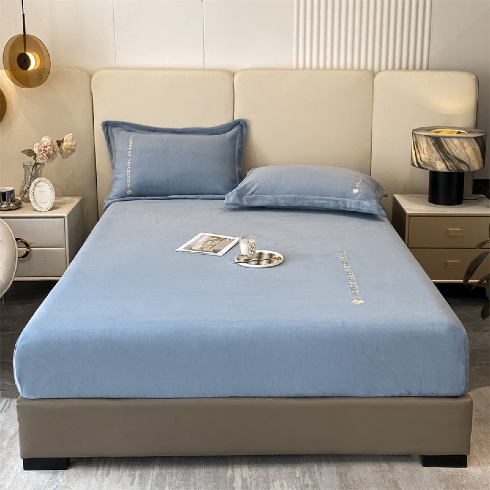 FCLDESHOP Single Bed Sheets Deep Pocket,Winter Warm And Skin-Friendly Coral Velvet Bed Sheets, Solid Color Non-Slip Deep Pocket Mattress Topper,blue,150 * 200cm (3pcs)