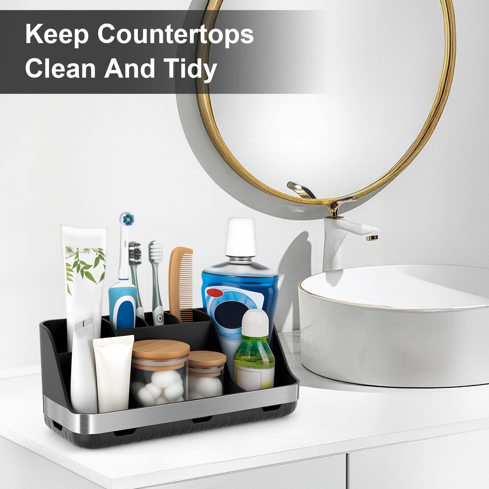 GFWARE Bathroom Organizers and Storage - Detachable 7 Slots Kids Electric Toothbrush and Toothpaste Holde Drainage for Bathroom Accessories Organization Counter Vanity Storage: Black