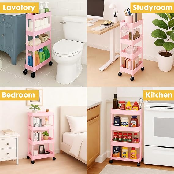 ShellKingdom 4 Tier Bathroom Storage Organizer, Slim Rolling Storage Cart for Narrow Space, Mobile Shelving Unit with Lockable Wheels and Hooks for Bathroom, Kitchen, Laundry Movable Shelf (Pink)