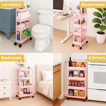 ShellKingdom 4 Tier Bathroom Storage Organizer, Slim Rolling Storage Cart for Narrow Space, Mobile Shelving Unit with Lockable Wheels and Hooks for Bathroom, Kitchen, Laundry Movable Shelf (Pink)