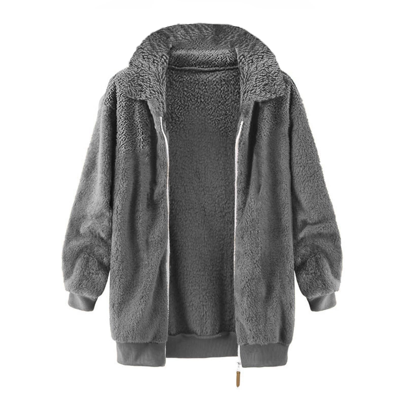 Generisch Damen Fleecejacke Ohne Kapuze Plüschjacke Langarm Winterjacke Elegant Teddyjacke Winter Warm Plüschmantel Einfarbig Damen-Jacken Teddyfleece Flauschjacke Mit Reissverschluss Wintermantel