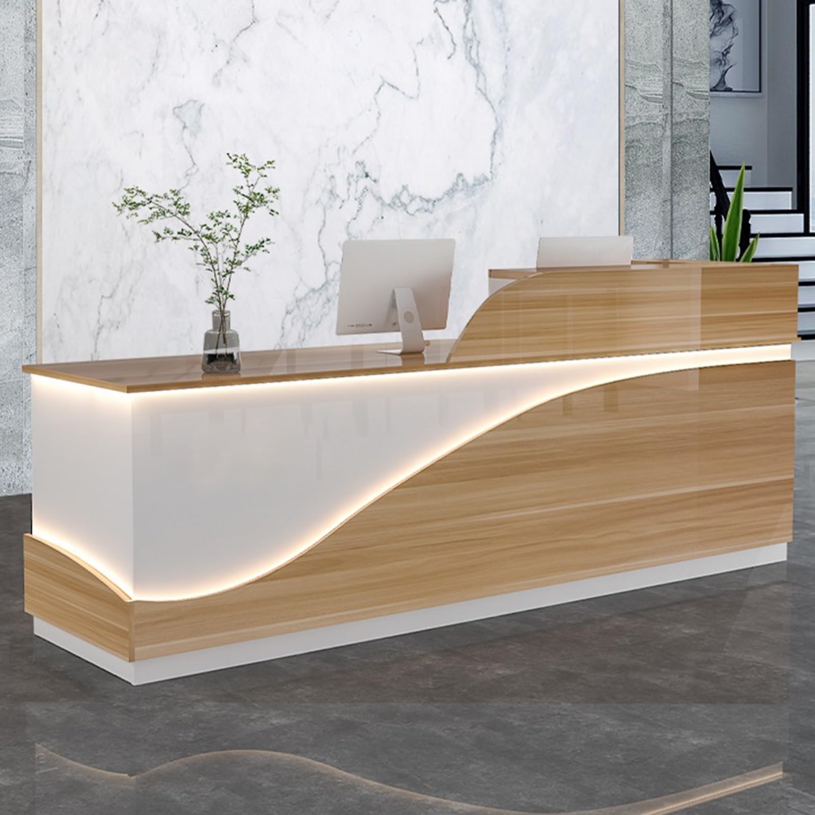 Scrivania con serratura Der & luce a LED, bancone per negozi, 140 cm, naturale, tavolo moderno per ricevimento per aziende e uffici
