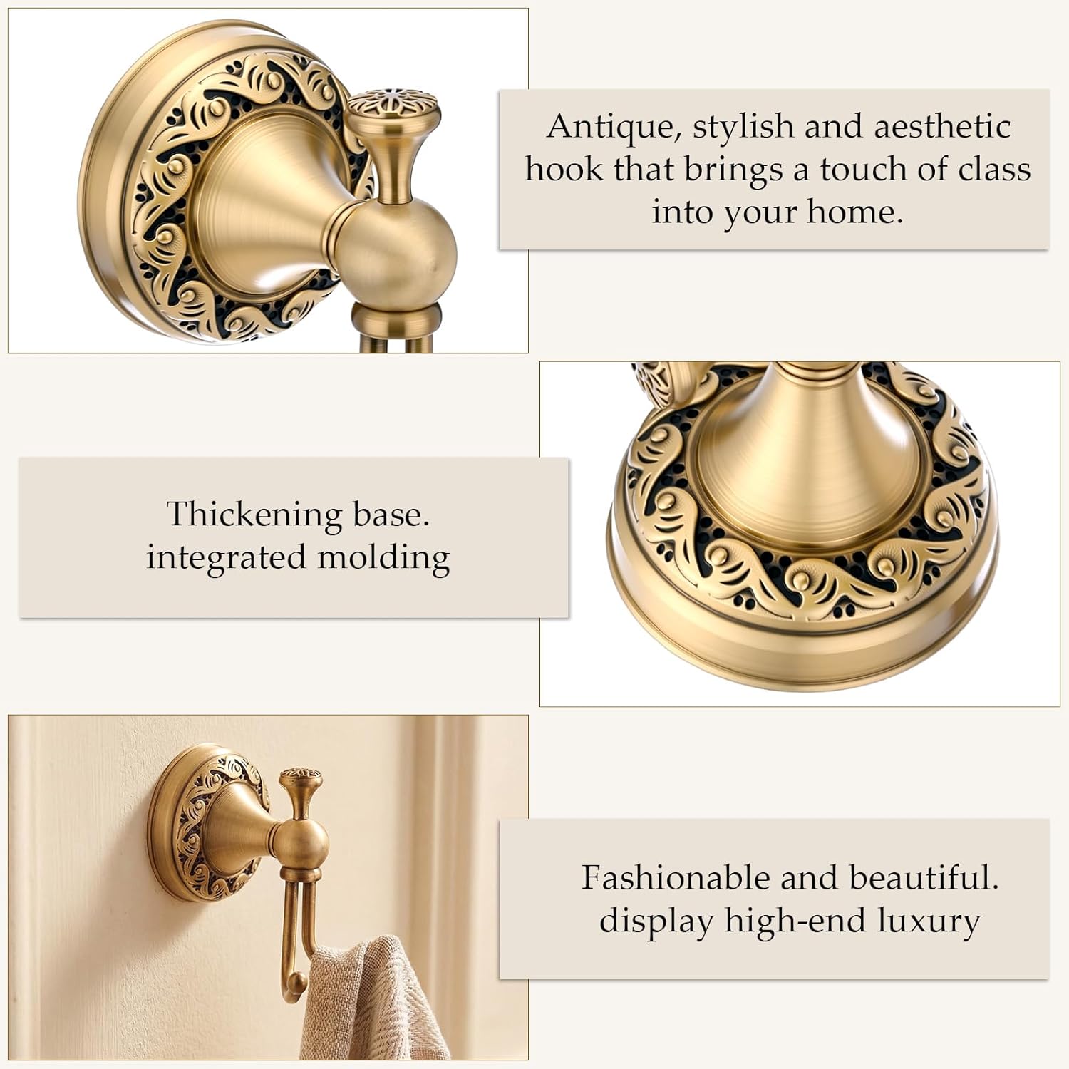 Hicarer 2 Pcs Antique Brass Towel Hook Vintage Gold Brass Wall Hook Wall Mounted Hanger Bathroom Accessories for Coat Purse Decoration Clothing Robe Kitchen Bedroom Hotel(Retro)