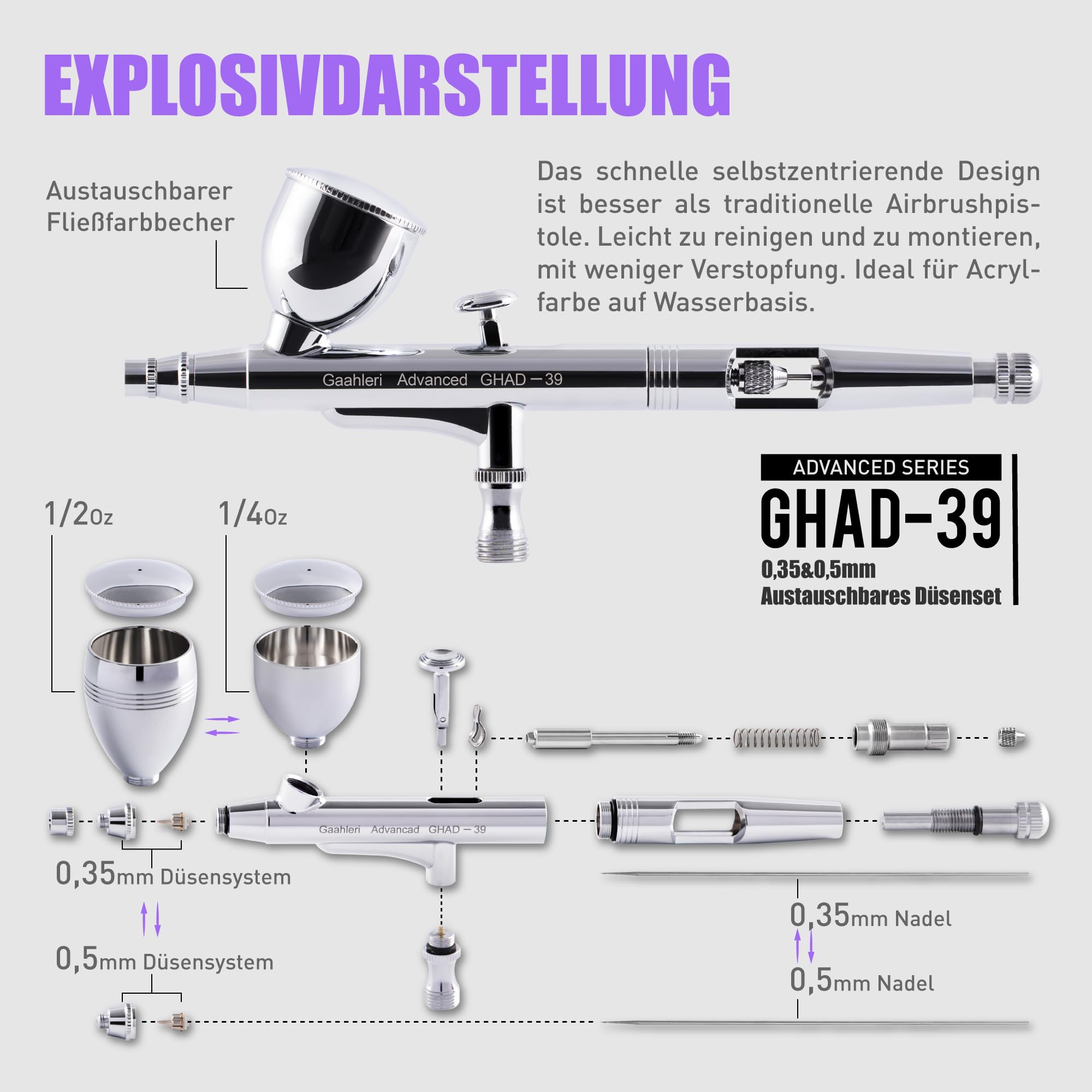 Gaahleri Airbrush-Set Dual-Action-Schwerkraft 0,35 & 0,5 mm Nadel 1/2 & 1/4 oz Becher