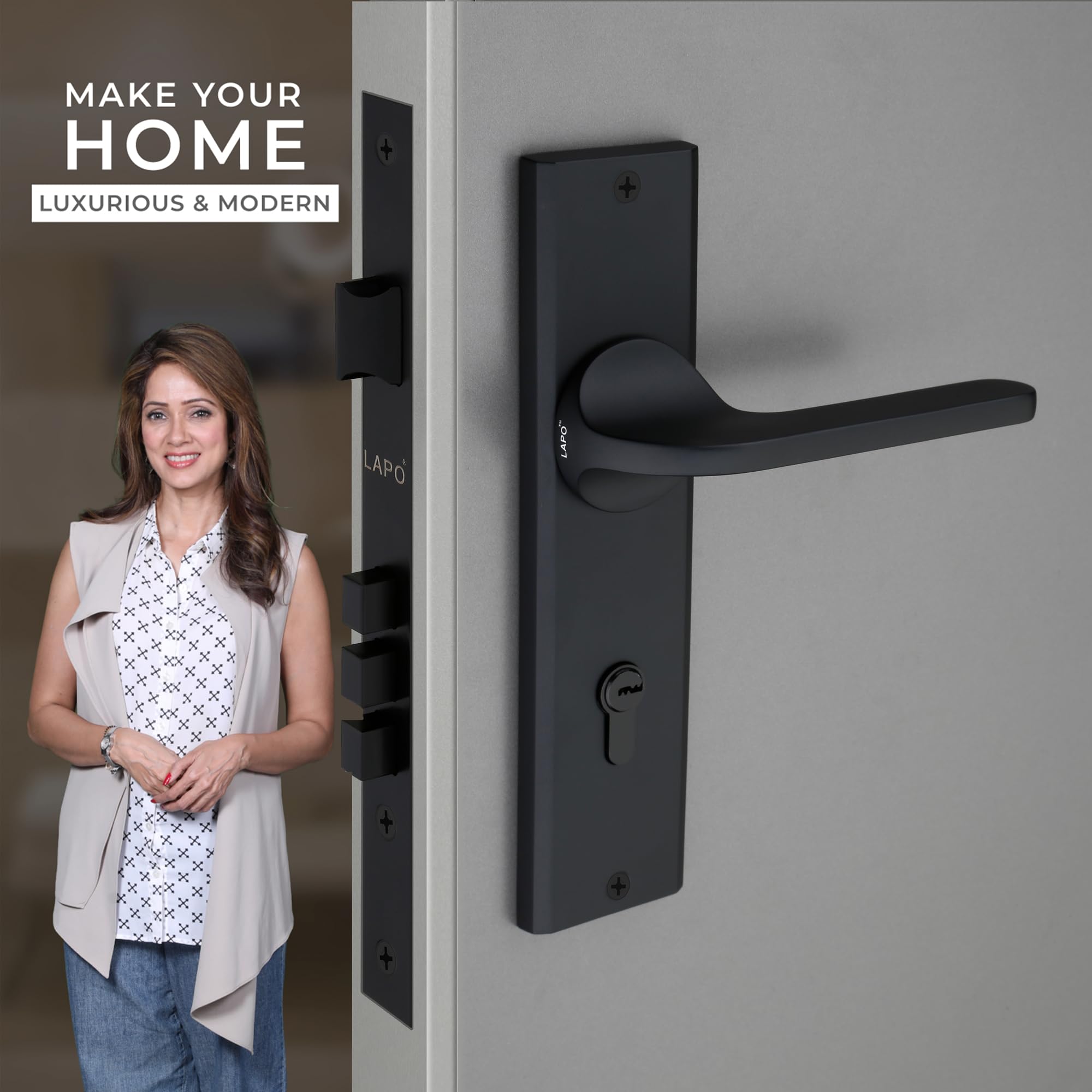 LAPO Mortise Door Lock for Home Main Door & Bedroom with Handle - Left-Right Fit 30-50mm Door Home Office Hotel - Heavy-Duty 70mm Cylinder - 50x85mm Body - 3 Brass Keys | Black Finish | CY-127 — Amazon image 2
