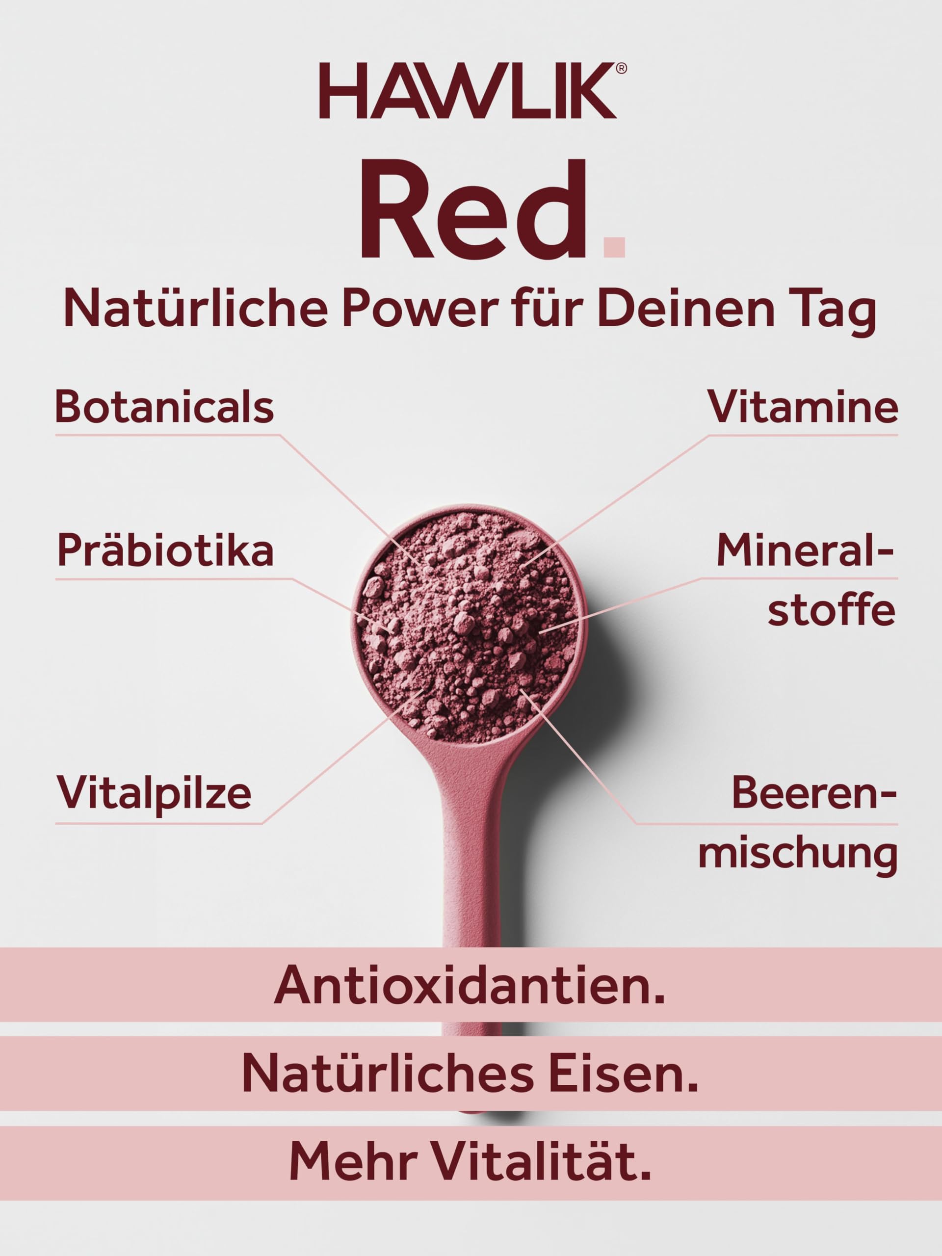 HAWLIK Red. – Beerenpower-Drink mit Vitalpilzen & Ballaststoffen – 39 Nährstoffe – vegan, ohne Zuckerzusatz, laktosefrei – 300g Pulver