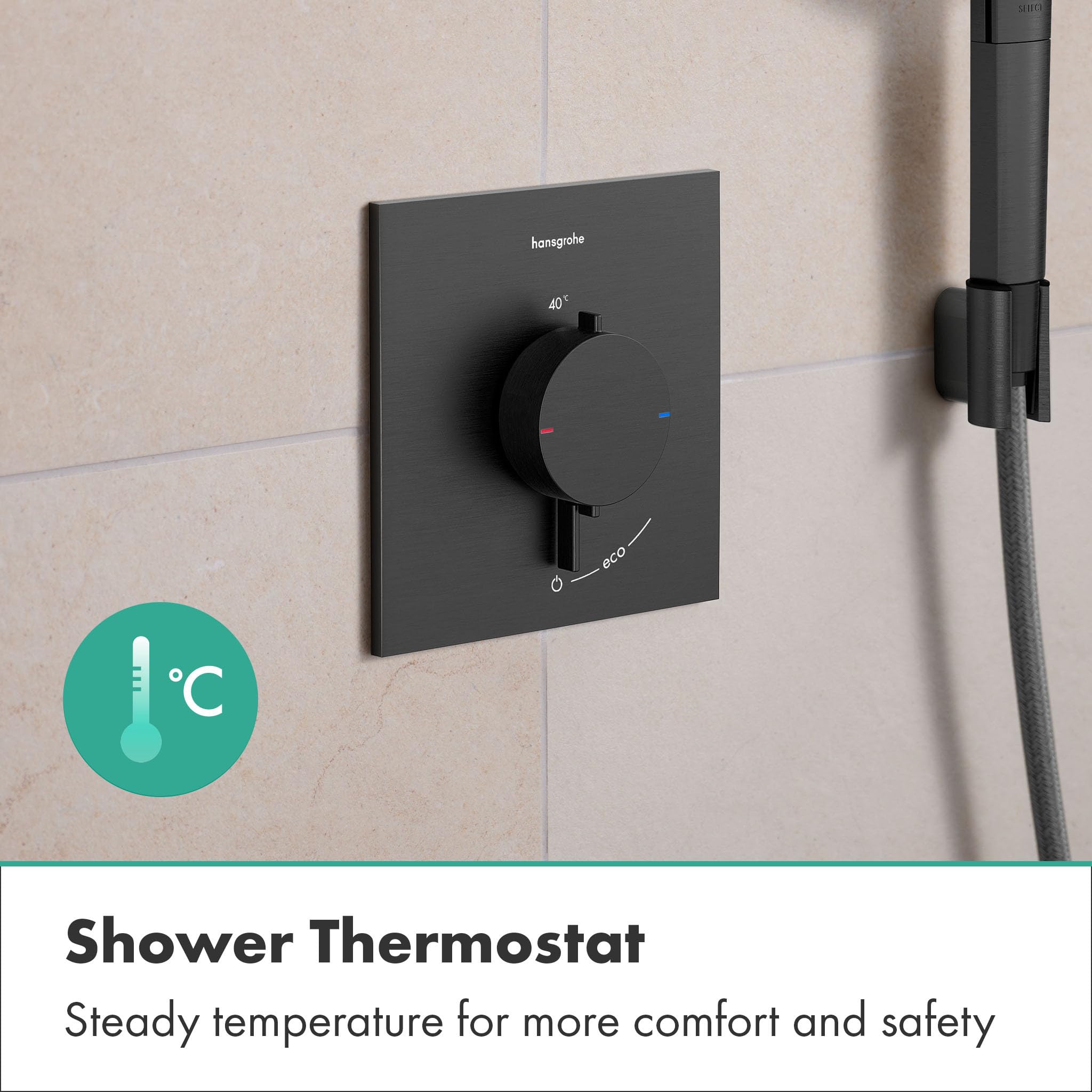 hansgrohe Ecostat Comfort E - Duschthermostat Unterputz, Duscharmatur mit Sicherheitssperre (SafetyStop) bei 40° C, Thermostat für die Dusche, für 1 Verbraucher, Brushed Black Chrome, 33710340