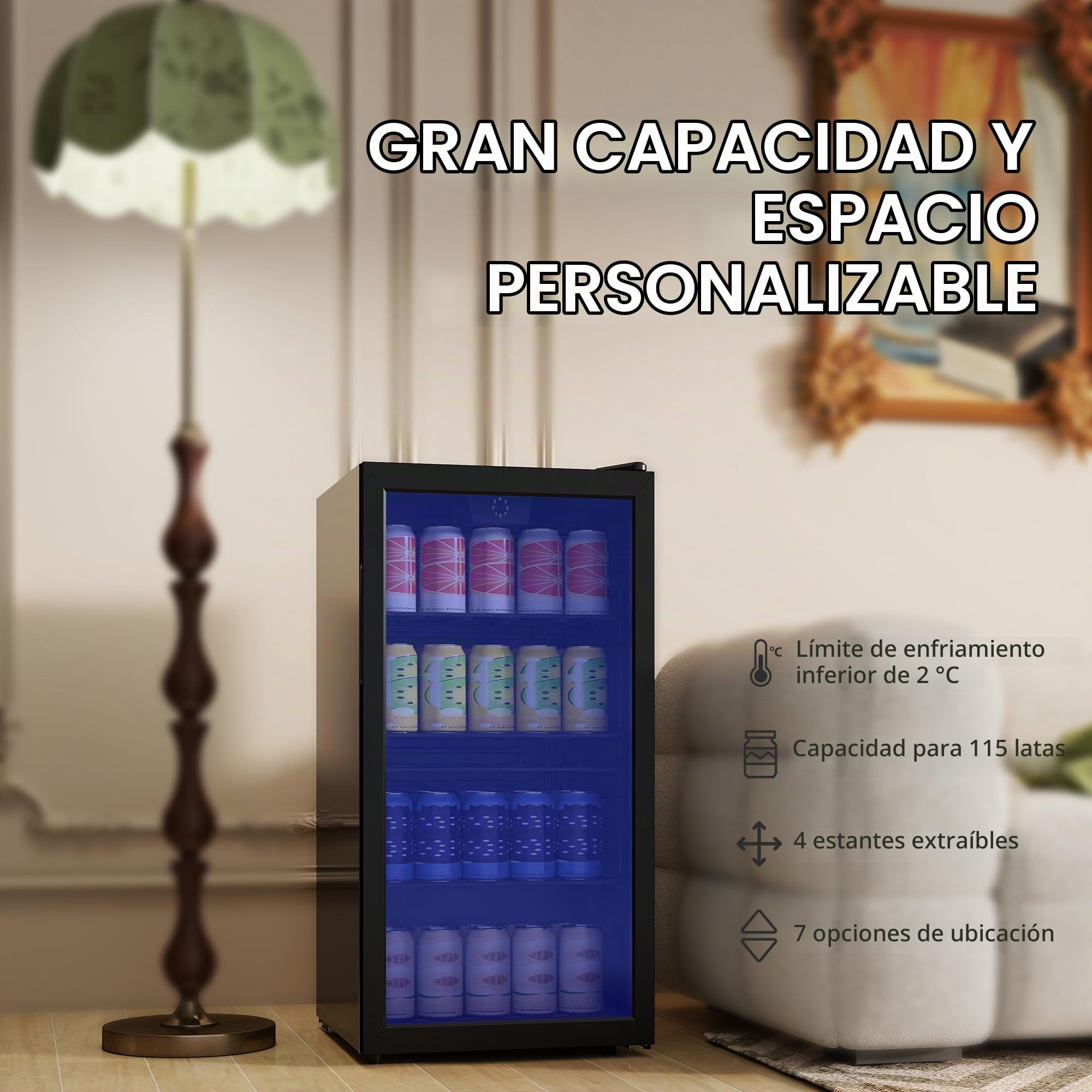 HOMCOM - Refrigerador para Bebidas, 93 L, 115 Latas, Puerta de Cristal, Estantes Regulables, Iluminación LED y Control de Temperatura, para Cerveza, Refrescos, para Hogar Oficina, Negro