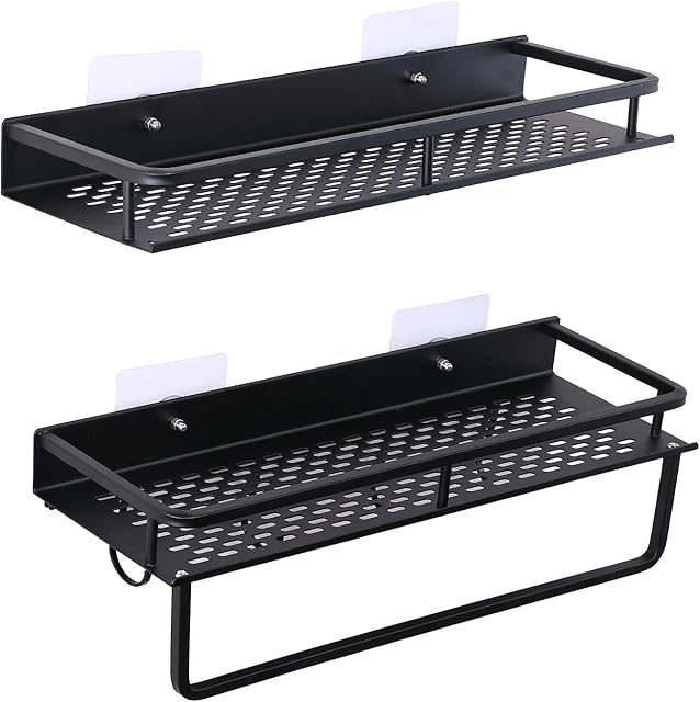 Shower Caddy Basket, Aluminum Wide Space Shower Shelf with Adhesive, Wall Mounted Storage Organiser with Towel Bar, Racks Strong and Sturdy for Bathroom Kitchen, Black