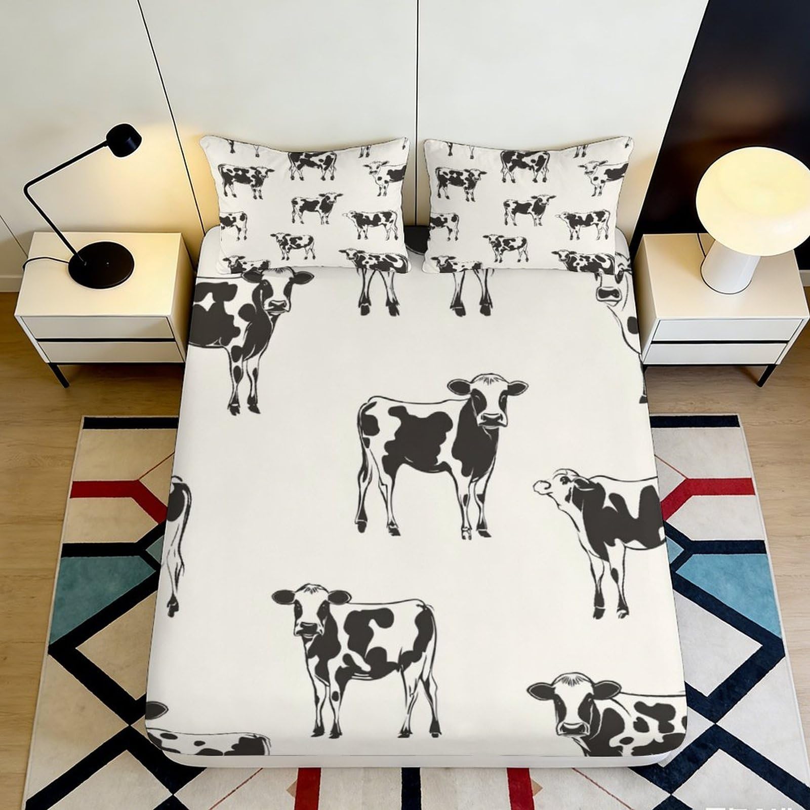 3D Printed Cow Pattern Fitted Sheet Microfiber Deep Pocket Non-Slip Cow Mattress Fitted Cover Bedroom Bedding Wrap 180x200x25cm