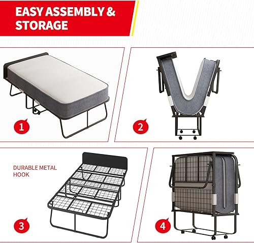 Miniatura 6 de Cama plegable con colchón para adultos, cama plegable de tamaño individual con colchón de espuma viscoelástica de 5 pulgadas, cama plegable portátil