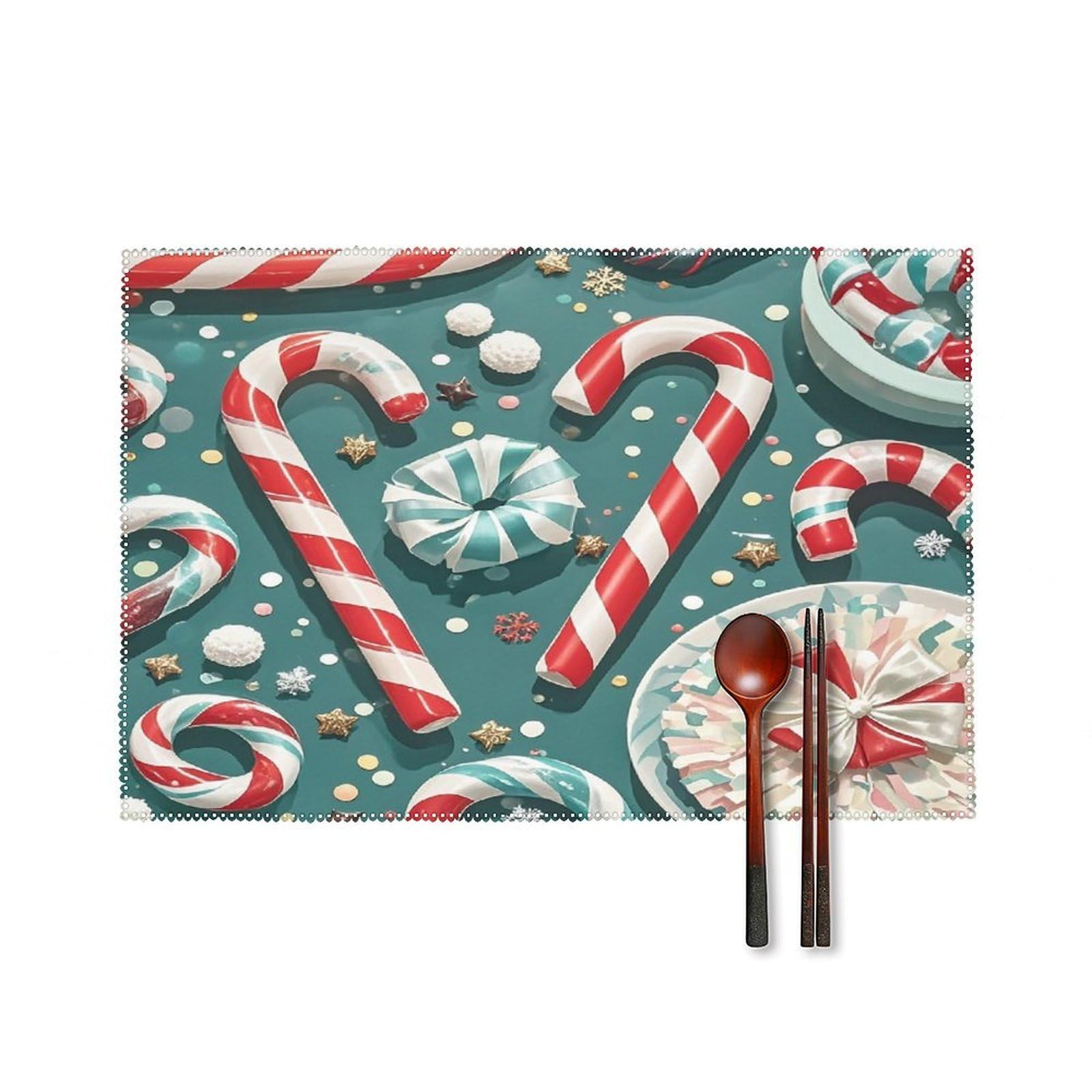 Christmas Candy Cane Placemats Set of 6 Washable Farmhouse Dining Table Mat Non Slip Heat Resistant Non-Slip Place Mats Easy Clean Table Protective Placemats for Indoors & Outdoors
