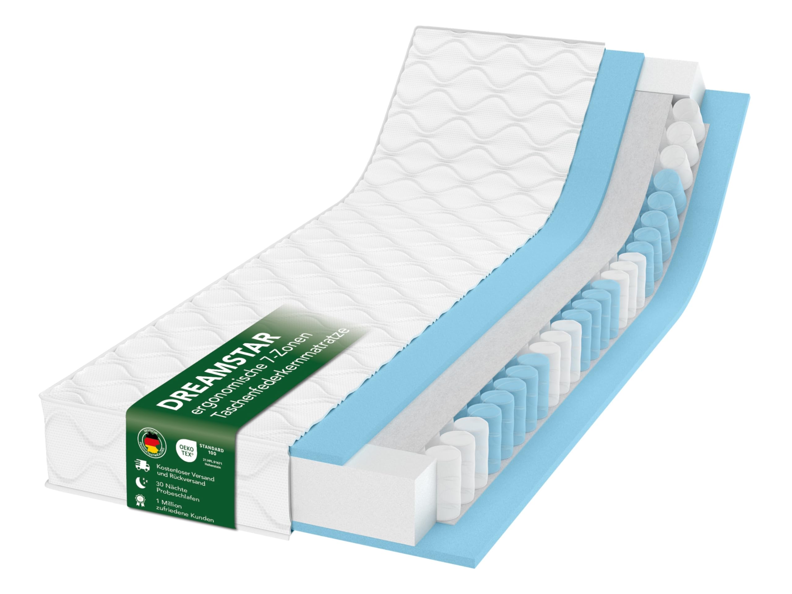 DREAMSTAR Ergo Flex Duo Taschenfederkernmatratze 100x200cm | Ergonomische 7-Zonen Matratze | Öko-TEX® | H2 (0-80kg) & H3 (80-100kg) | Hypoallergen & Antibakteriell | 17 cm hoch 100 x 200 cm
