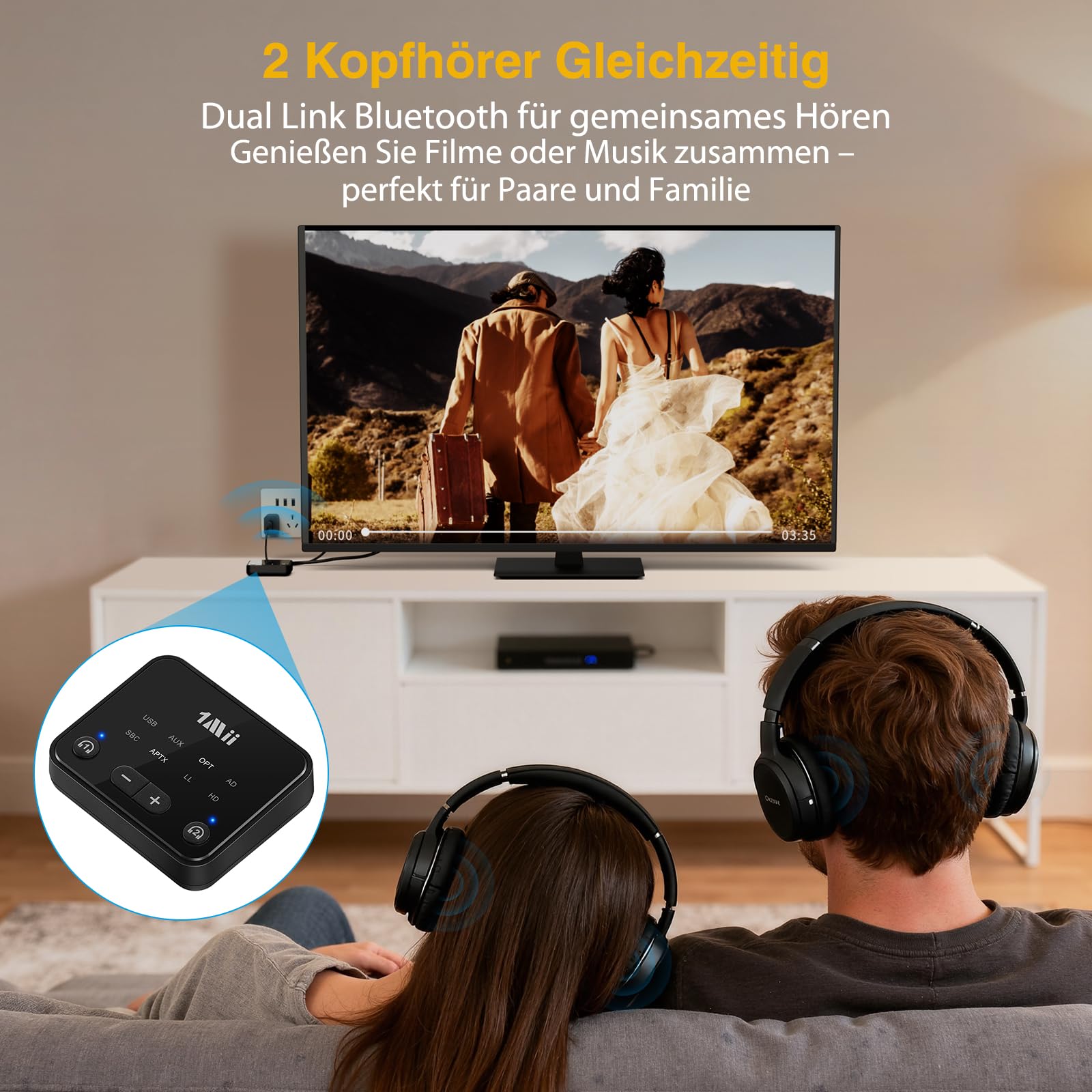1Mii NightPair Bluetooth 5.3 Transmitter für TV, aptX Low Latency/HD/Adaptive Audio Sender mit Dual Link für 2 Kopfhörer, Optisch/AUX/RCA, bis zu 30 m Reichweite