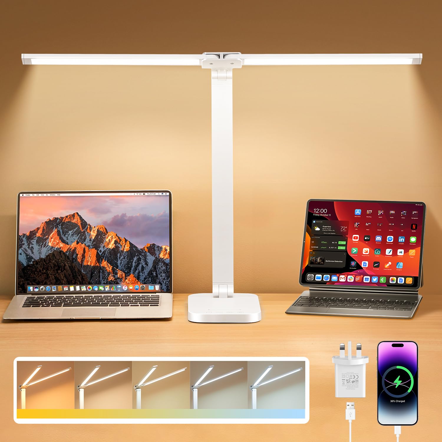 One Fire Lampe de bureau LED avec adaptateur, port de charge USB, 10 niveaux de luminosité, 5 couleurs – Lampe de bureau réglable pour bureau, chambre à coucher, table