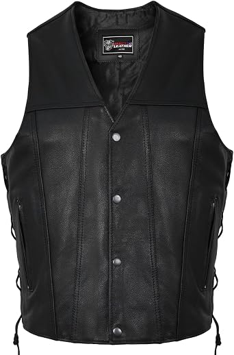 Mens Leather Motorcycle Vest with CCW Pocket, Black Premium Leather Vest for All-Weather Motorbike Riding