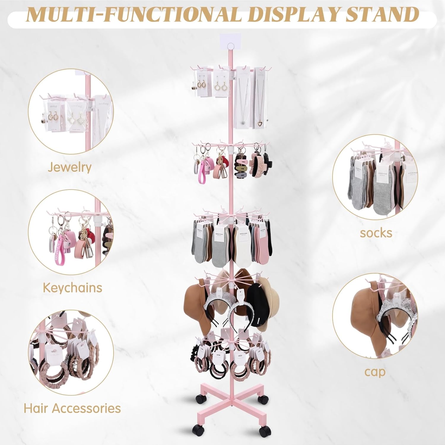 Ripeng 1 Pcs 5-tier Rotating Retail Display Stand Display Rack for Earring Keychains Jewelry Vendor Events and Stores Movable Adjustable Shop Spinner Pink Ornament Holder - Image 4