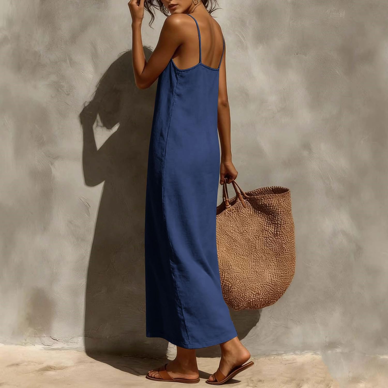 Womens Summer Lightweight Spaghetti Strap Maxi Dress | Breathable Cotton Linen Dresses for Women, Loose Spaghetti Straps Square Neck, Fits Beach, Travel and Daily Casual Occasions
