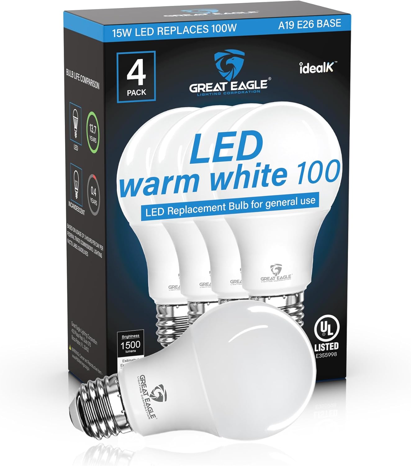 Great Eagle A19 LED Light Bulbs 100 Watt Equivalent - UL Listed - Warm White 2700K LED Light Bulbs, 15W Non-Dimmable, 1500 Lumens (4 Pack)