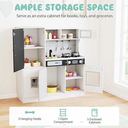 Miniatura 5 de Costzon Juego de cocina para niños, juego de cocina grande de madera con sonidos y luces reales, microondas, pizarra, horno, máquina de hielo,