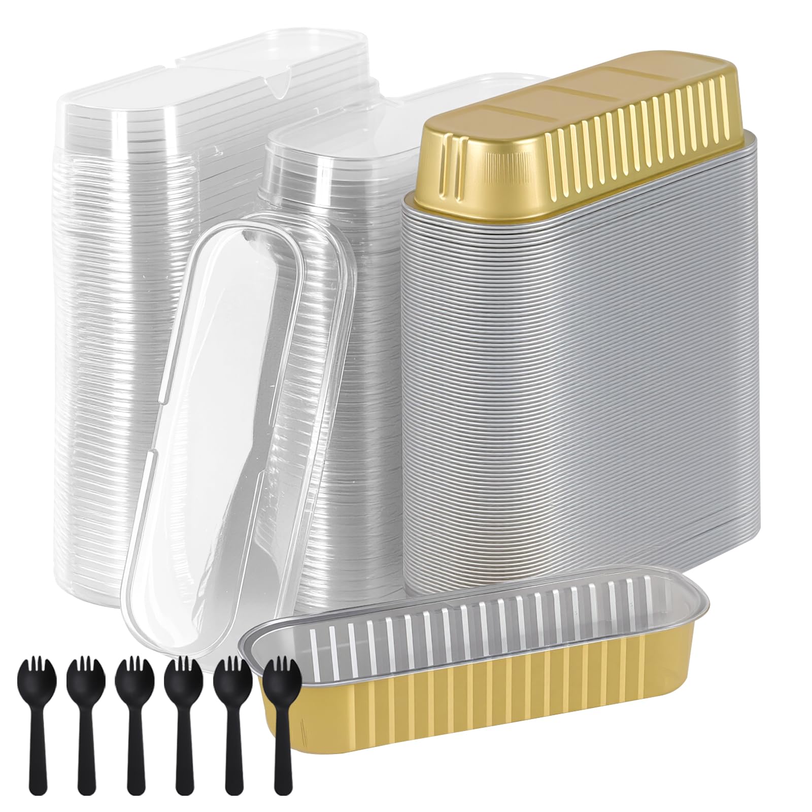 MUKSEUT Lot de 100 mini moules à pain rectangulaires en aluminium avec couvercles et cuillères pour mariage, anniversaire, pique-nique - Doré - 200 ml