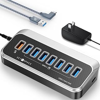 Powered USB 3.2 Hub 5Gbps, 7 Port USB Data Hub, USB Splitter with 6 USB 3.2 Gen1 Data Ports, 1 Fast Charging Ports, with DC Adapter, 3.3FT Type A & C Cable, for Mac, Laptop, PC, DELL, HP, Lenovo