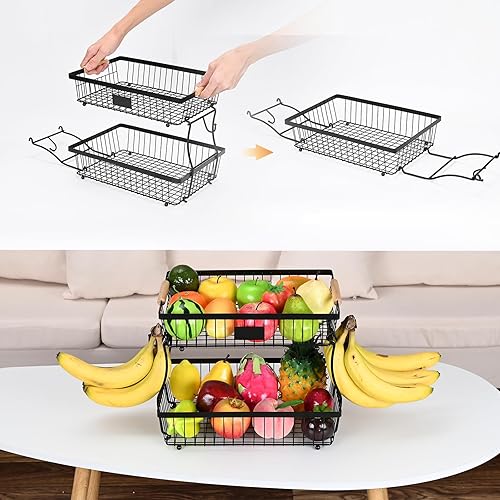 Miniatura 3 de Cesta de frutas de 2 niveles desmontable con 2 ganchos para plátanos, soporte de frutas para encimera de cocina, organizador de almacenamiento de