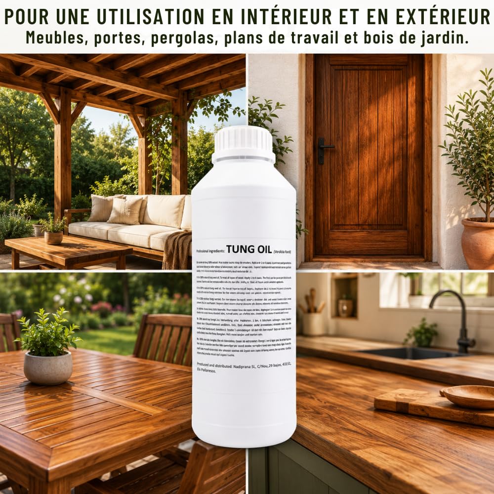 1 litre Huile de tung 100% pure | Entretien naturel du bois intérieur et extérieur | Il n'altère pas la couleur en laissant une couche imperméable très résistante. - Snadi