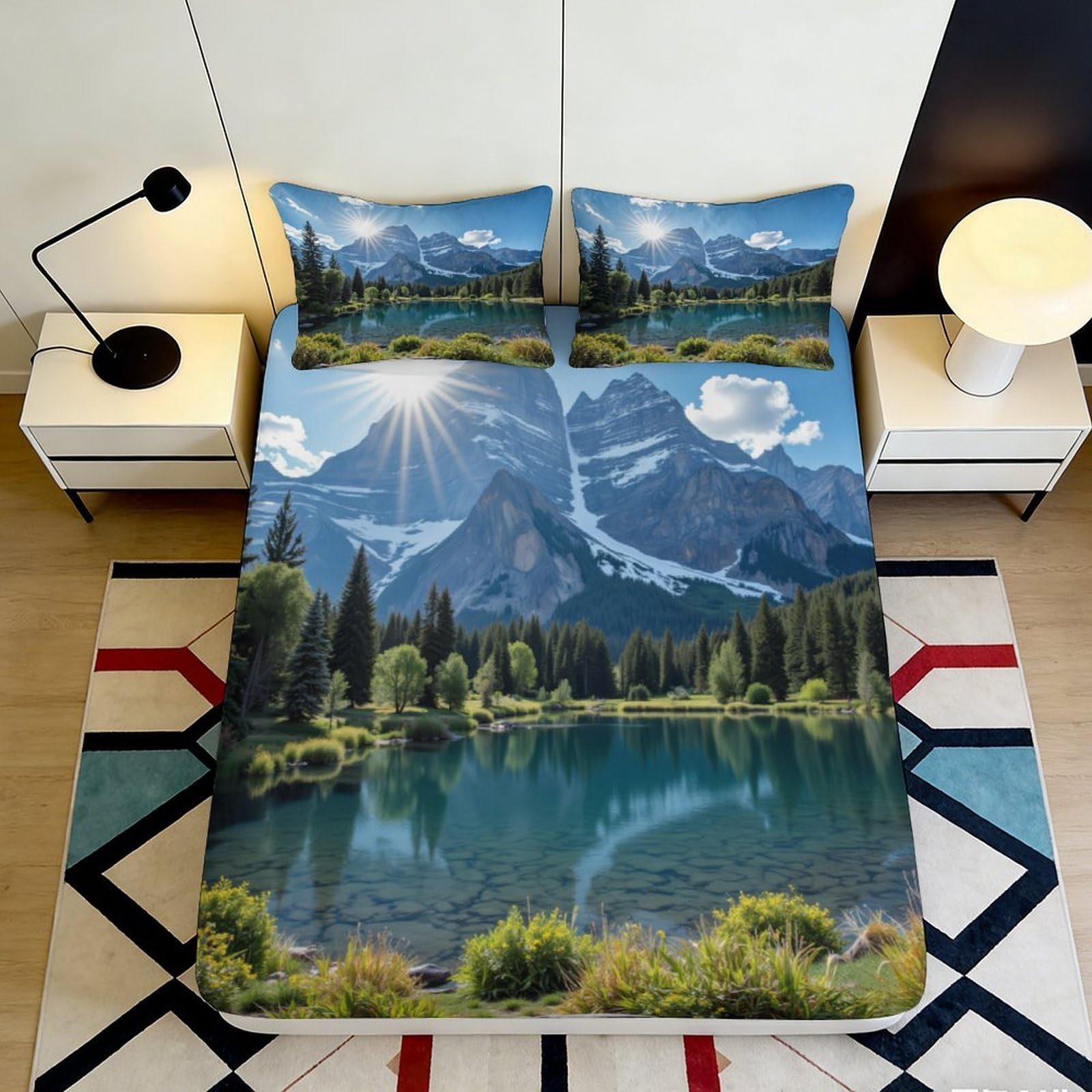 3D Printed Mountain Lake Fitted Sheet Microfiber Soft Durable Forest Landscape Bed Cover for Bedroom Guest Room Decor 90x200x25cm